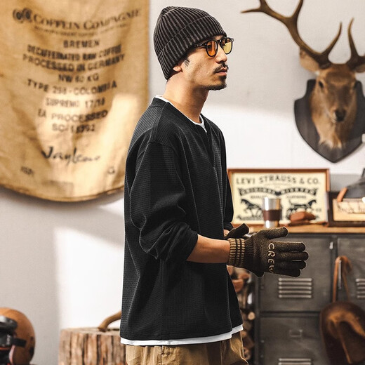 Jay Leno fake two pieces American retro heavyweight European velvet cotton long-sleeved T-shirt men's autumn 2025 new tough guy Henry shirt black 2XL suitable for 160-180Jin Jin is equal to 0.5 kg