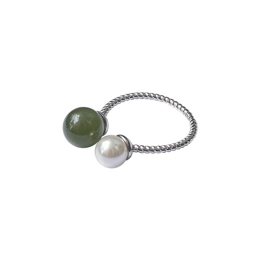 Fat Donglai's same Hetian jade ring, silver stone, jade pearl, female niche design, fashionable personality, ancient style, light luxury, light color Hetian jade pearl ring + exquisite gift box