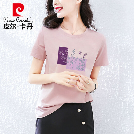皮尔卡丹（pierre cardin）轻奢高档纯棉短袖t恤女夏装宽松休闲韩版时尚气质半袖体恤衫上衣 6193皮粉 M (建议80-105斤)