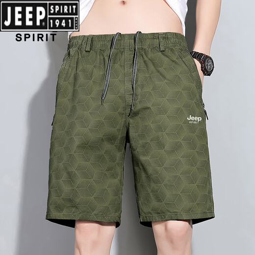 吉普（JEEP）纯棉休闲五分裤男夏季宽松沙滩裤轻薄透气大裤衩运动短裤  9892P军绿  3XL 135斤-150斤