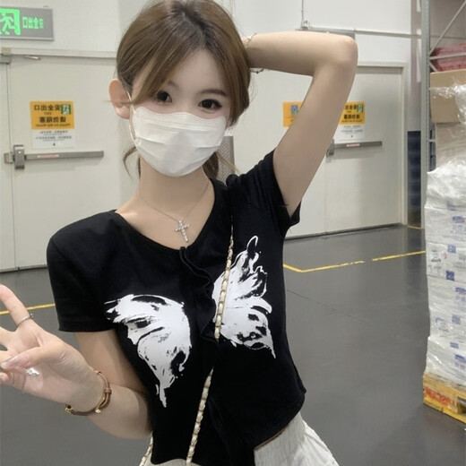 优衣库库【商场同款】美式蝴蝶印花短袖上衣甜辣百搭女款修身显瘦夏季潮流 9930黑 S