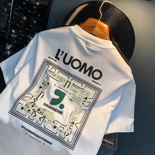 罗蒙（ROMON）夏季ins潮牌t恤男宽松薄款发泡印花休闲体恤男百搭凉感圆领短袖男 1098白色T恤 XL 码 120-140斤