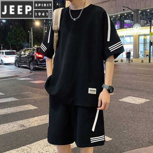 JEEP SPIRIT休闲运动套装男夏季新款宽松冰丝短袖t恤男士短裤搭配帅气一整套 FKS653白色套装 M 约90-110斤可穿