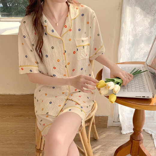 
HUALIN FASHION summer pink flower puff sleeve short sleeve cute thin home clothing set zd-673# apricot love heart 175 L
