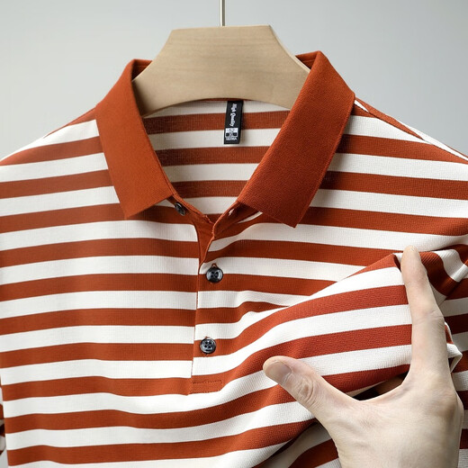 Neues Mulberry Seiden kurzärmeligte T-Shirt für Männer Sommer mittleren Alters und älteren Daddy tragen dünnes, Streifenpolo-Hemd mit Streifen, Blau S 165/105