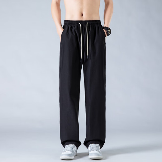 
POUM ice silk straight pants men's summer loose sports breathable drape wide-leg quick-drying pants 6636 black XL