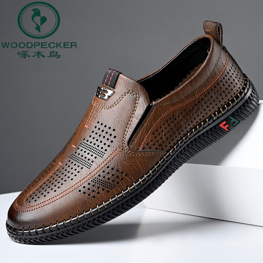 Woodpecker cold leather shoes for men's spring and summer casual leather shoes soft sole soft surface wear-resistant and odor-resistant breathable one-foot summer hollow leather shoes 677 brown 43