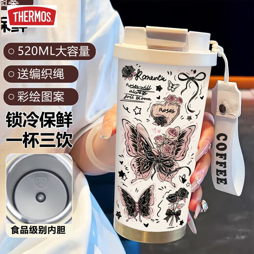 膳魔师（THERMOS）简约蝴蝶保温杯不锈钢便携双饮咖啡杯2025新款女吸管水杯子高颜值 BW1049暗粉蝴蝶A+配挂绳 陶瓷内胆