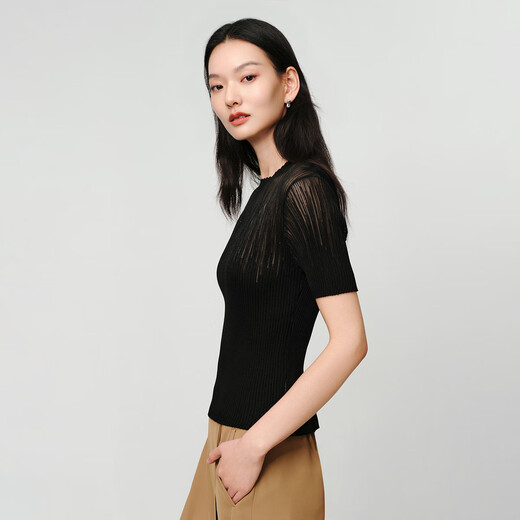 EP雅莹女装 桑蚕丝醋酸短袖针织t恤内搭打底上衣 2025夏季新款9905A 黑色 XL