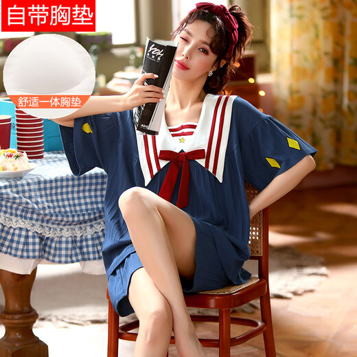 莫代尔新款带胸垫睡衣女夏季纯棉短袖免穿文胸罩汗蒸服家居服套装 qg6627 M 【固定胸垫不跑杯】