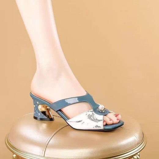 Belle-tread French sandals for women wearing 2024 summer new breathable thick heel fashionable rhinestone color-blocking fish mouth sandals blue 40