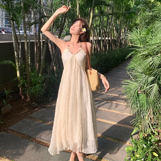Wei Guangli Vestido de cabestro de cuello sin cuello sin cuello sin cuello para mujeres en verano 2025 Nuevo temperamento dulce Vacaciones marinas Chiffon Falda larga Halter de cuello redondeo Falda de cuello Beige M Size recomendado 80-100 Jin [Jin iguala 0.5 kg]