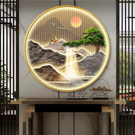 
TURBOSUN Welcome Pine Living Room Decoration Painting TV Sofa Background Wall Welcome Pine New Chinese Style Entrance Entrance Decoration Painting Round TB1391 Diameter 40CM [Aluminum Alloy Picture Frame] + Light Luxury Gold Insert 1