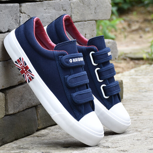Renben Canvas Chaussures Spring Men's Breathable 2025 Nouvelle étudiante Chaussures pour hommes décontractées Velcro Chaussures Chaussures polyvalentes Chaussures tendance A1315 Black and Blue 36