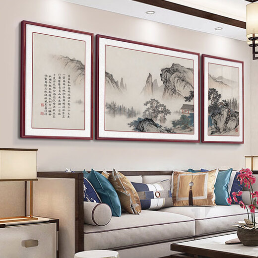 出写望云楼客厅装饰画沙发背景墙挂画国画山水画三联画办公室茶室壁画 759-04款 90*120左右60*90cm 实木框+晶瓷画面