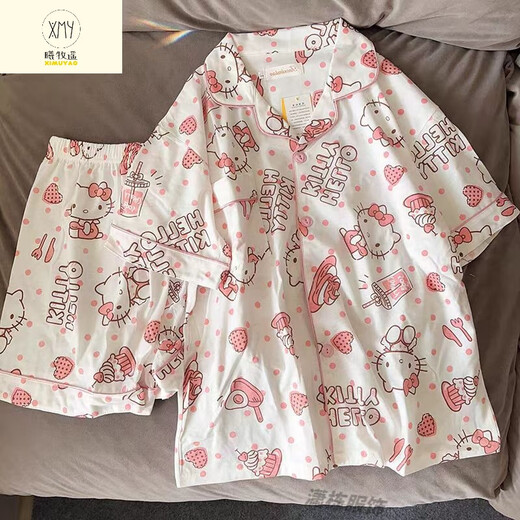 Ximuyao Sanrio Hello Kitty Pyjamas for Women in Summer trois pièces 2025 Nouveaux vêtements à manches courtes et à manches courtes WZL-1484 Contant à manches courts-shorts à trois pièces Set M [80-100jin suggéré [Jin équivaut à 0,5 kg]]