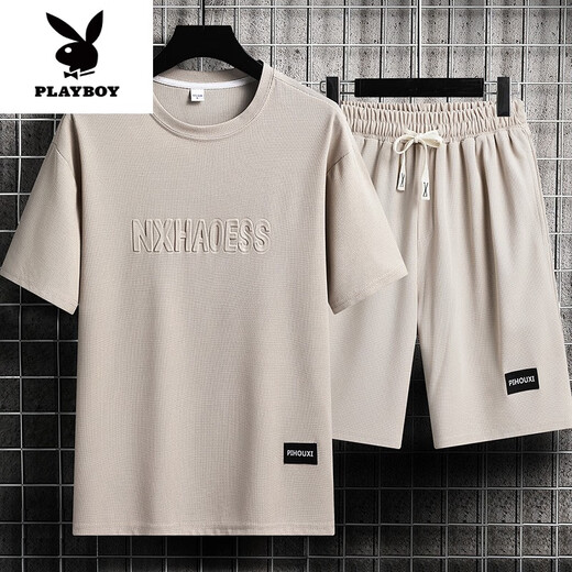 Playboy (Playboy) Herren-Sommeranzug Teen Kurzarm T-Shirt Thin Ice Seide Zweiteiler Casual Sportswear Fünf-Punkte-Short-Hose Set-TZ829 Military Green [Top + Pants] XL empfohlen 130-145jin [Jin gleich 0,5 kg]