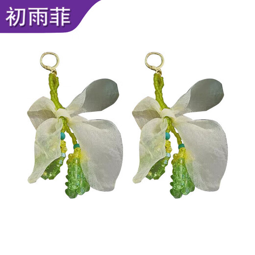 初雨菲超仙纯欲风绿色水晶耳环女手工串珠蝴蝶结珠花耳坠无耳洞耳夹耳饰 1477绿色珠花耳钩款