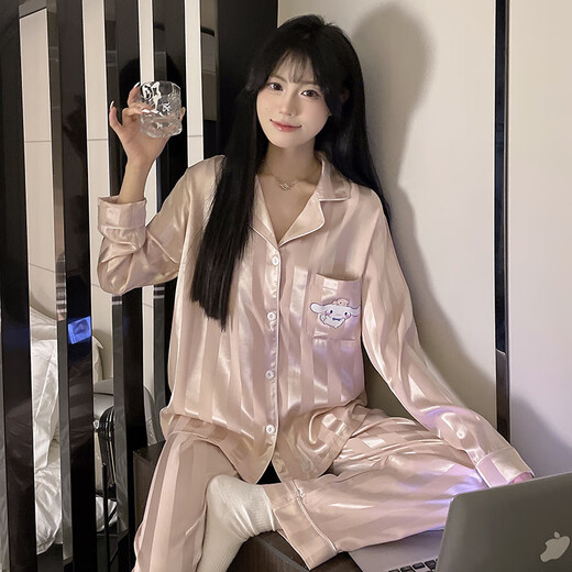 维多利亚的格调轻奢品牌冰丝睡衣女款春秋季长袖甜美可爱卡通家居服女士秋款仿真 TMSJ-6636 M