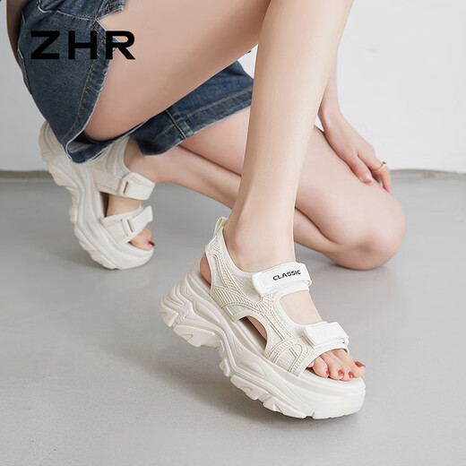 ZHR凉鞋女厚底增高小个子拼接女鞋魔术贴运动女鞋 G750 米色  36 
