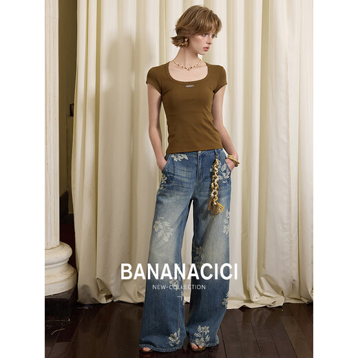 Banana CICI 2025 Summer Nuevo BC Versátil Camisa de base delgada Collar Horseshoe Camiseta de manga corta Top C252TX695 Brown M