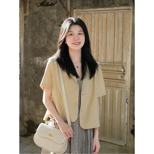 
MuYIMING 2025 summer new simple short-sleeved blazer fashionable retro plaid suspender dress two-piece women's trendy 9720 cream yellow jacket + 9721 plaid skirt L Recommended 101-120Jin [Jin equals 0.5 kg]