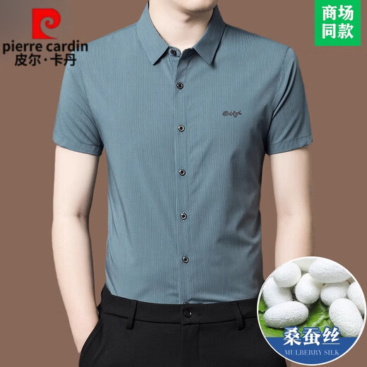 皮尔卡丹（pierre cardin）品牌2025夏季新款男士条纹短袖衬衫高端100%桑蚕丝商务休闲衬衣男 ZC2603款-深灰 L 170 【适合体重115-130斤】