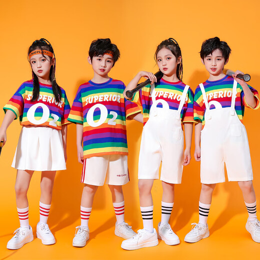 10,000 people collected the Children’s Day Performance Clothes Overalls Set Kindergarten Graduation Photos Elementary School Cheerleaders Rainbow T+White Overalls+Socks 90 90