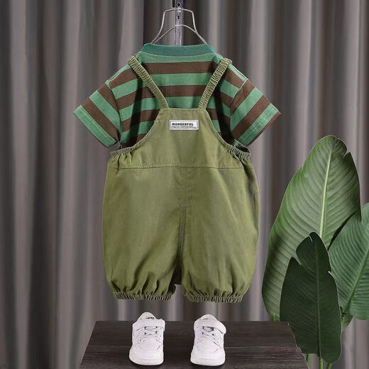 [Traje de pandeliers] ropa para niños para niños correa de color sólido 2025 pantalones sueltos de verano traje verde musgo 100