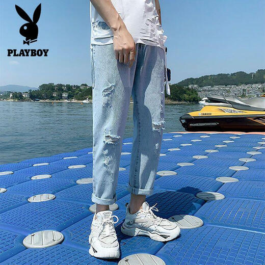 花花公子（PLAYBOY）裤子男学生韩版潮流破洞牛仔裤男宽松直筒夏季薄款九分裤秋季男裤 679/破洞款c M 【收藏优先发货】