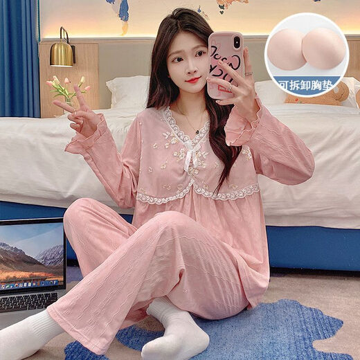 Bunte Edelstein-Juwelen Frühling und Herbst-Pyjamas mit Brustpolster für Frauen V-Ausschnitt Longärmelte Hauskleidung süßer Prinzessinstil 6535 Baumwoll Guangzhou dreizehn 6210# [Pink] 170 m