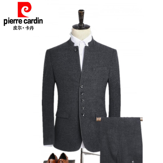 Pierre cardin Zhongshan suit men's young Chinese stand-up collar suit suit men's Chinese style Tang suit Chinese woolen jacket men's spring and autumn 6622-dark gray-top + shirt + pants M 170-suit 110-120Jin[Jin equals 0.5 kg]