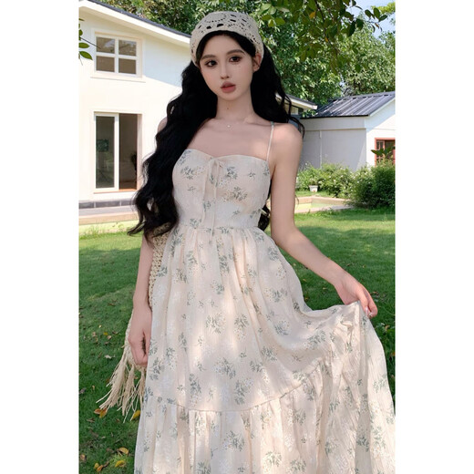 YIOU吊带连衣裙女2025年夏季碎花茶歇法式设计感显瘦长裙度假裙子9276 图片色 S
