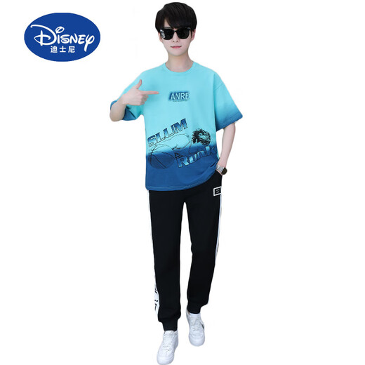 迪士尼（Disney）夏季青少年短袖t恤男孩衣服高中初中学生大童夏装帅气运动套装潮 白灰色 套装TZ9226款 165 S【60-75斤】