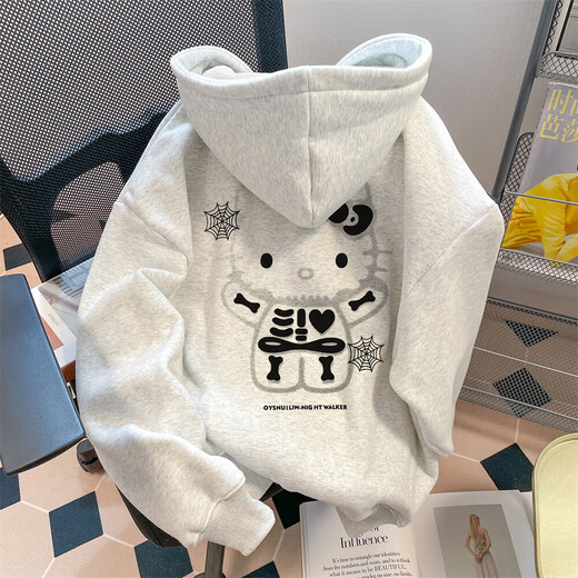 Ruyal Japanese lazy style kitty cat hooded sweatshirt for women in autumn and winter plus velvet warm tops retro loose jacket white gray regular L recommended 100Jin Jin equals 0.5kg to 120Jin Jin equals 0.5kg