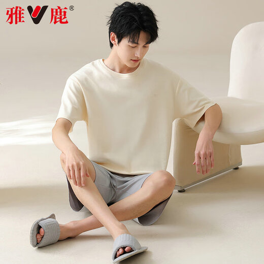 雅鹿男士睡衣男纯棉夏季薄款短袖全棉可外穿休闲大码男生家居服套装 42m13601 3XL  推荐体重160-180斤