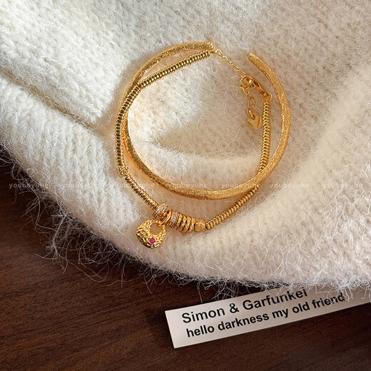 Fat Donglai's same style alluvial gold bracelet, ancient method lucky bag stacking bracelet for women, new Chinese style simple golden color that does not fade, bracelet bracelet set - high color retention alluvial gold