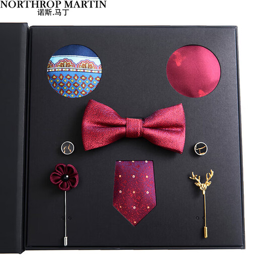 诺斯.马丁（NORTHROP MARTIN）男士领带商务正装婚礼领结西服口袋巾胸针礼盒套装高端感 浪漫高贵礼盒套装 含袖扣