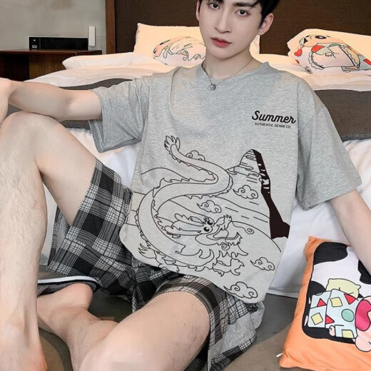 莫代尔睡衣男夏款宽松短袖夏季男士字母青少年学生夏天大码可外穿家居服 纯色6621 M 90-100斤