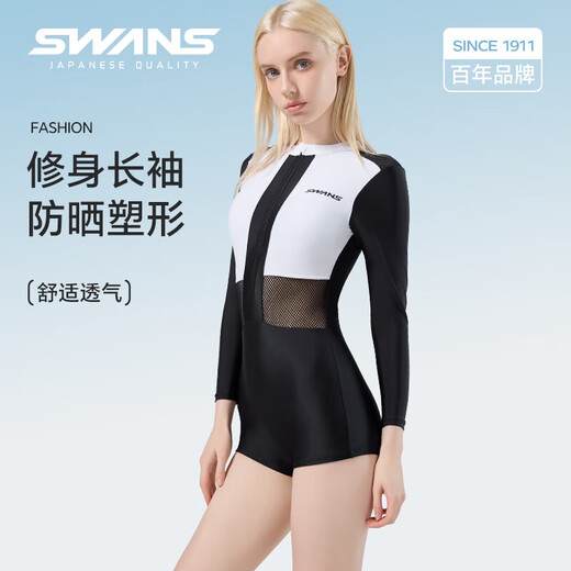 SWANS new product swimsuit women's long-sleeved sun protection 2025 new boxer one-piece swimsuit bathing in hot springs to cover the flesh and slimming swimsuit black and white long-sleeved M