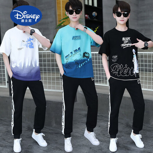 迪士尼（Disney）夏季青少年短袖t恤男孩衣服高中初中学生大童夏装帅气运动套装潮 白灰色 套装TZ9226款 165 S【60-75斤】