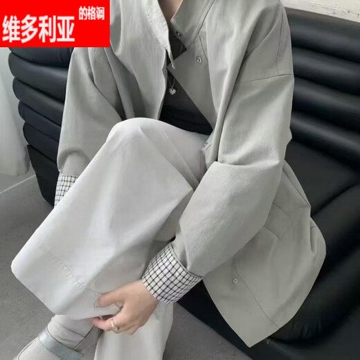 维多利亚的格调2025春装新款立领格纹袖口风衣外套中长款韩版时尚休闲宽松显瘦女 浅蓝色 M 80-115斤