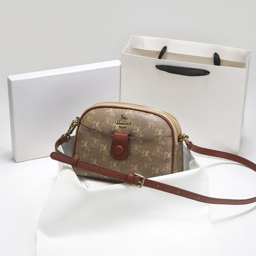 建功国际一线品牌轻奢进口2025新款单肩斜挎包休闲感老花贝壳包包女式 棕色香港品牌