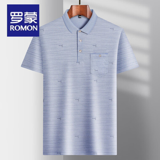 罗蒙（ROMON）爸爸装翻领冰丝短袖T恤中年男士休闲体恤中老年薄款POLO衫夏季衣T 冰丝-9923 蓝色 真口袋 M 48/165