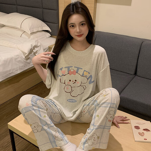 Mengluan Pyjamas für Frauen 2025 Neue Sommer kurzärmelige Shorts süße Cartoon Welpe dreiteils Set für lässige Heimkleidung 684-3 Bow Dog XL