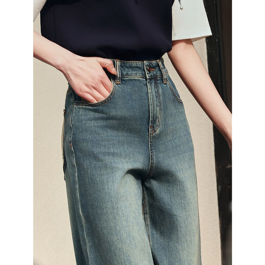 Jiuzi (JUZUI) shopping mall same retro Japanese micro wide-leg jeans women's summer style JWEX12108 Huahu Blue M