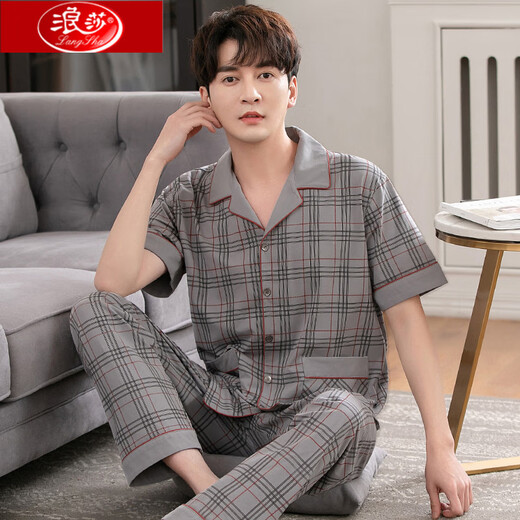 Langsha pajamas men's summer pure cotton short-sleeved trousers men's thin middle-aged dad's large-size summer home clothing 692 3XL (185 size) recommended height of about 185,