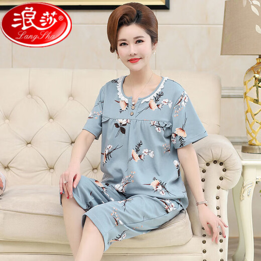 浪莎中老年妈妈睡衣女士夏季纯棉短袖七分裤大码夏天可外穿家居服套装 TF3937 M [建议80-95斤]
