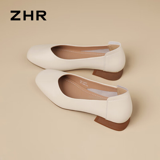 ZHR thick heel boat shoes for women, shallow mouth simple women's shoes for summer commuting single shoes for women AH677 beige 40