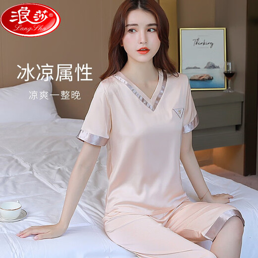 
LangSha (LangSha) Ice Silk Women's Pajamas 2025 New Summer Short Sleeve Thin Cropped Pants Simple Home Clothing Set Spring and Summer 9922 M (80-100)